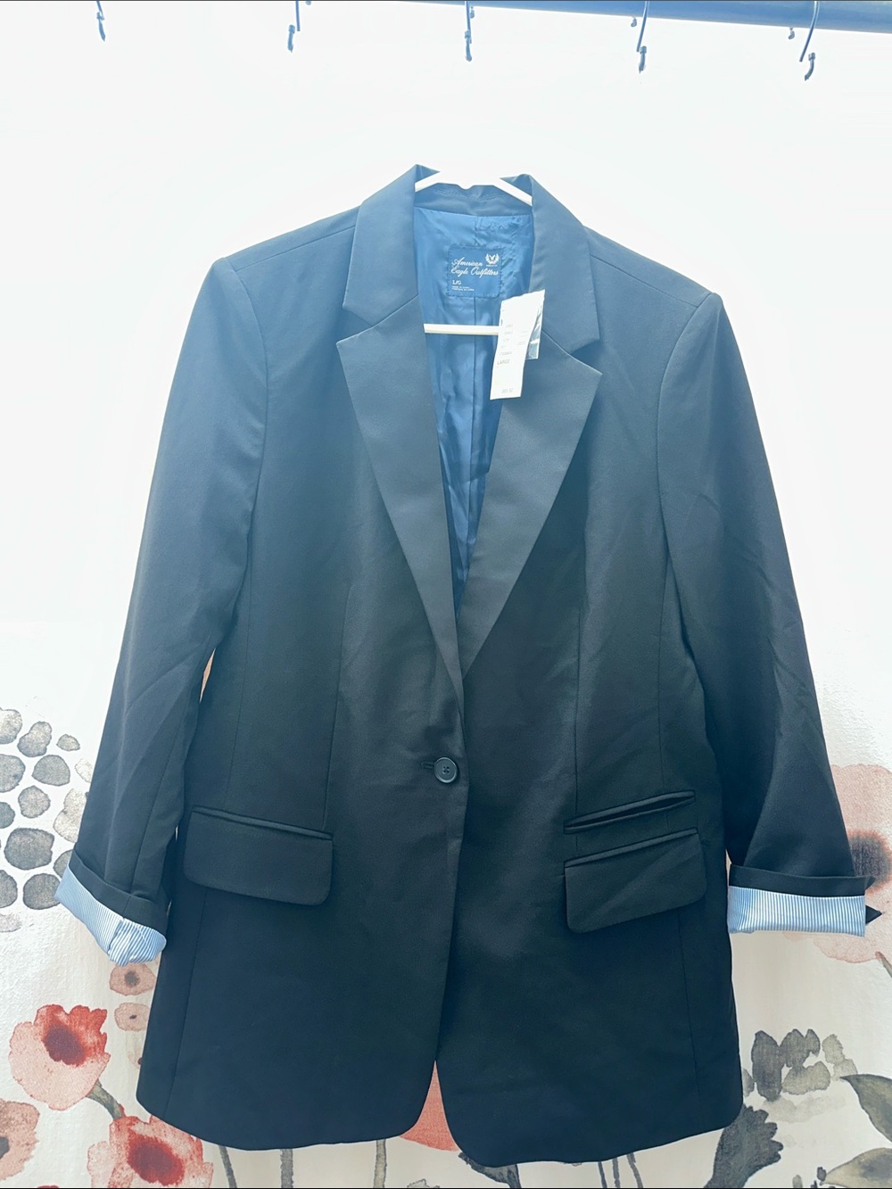 American Eagle Outfitters Black Tailored Blazer with Striped Cuff Detail